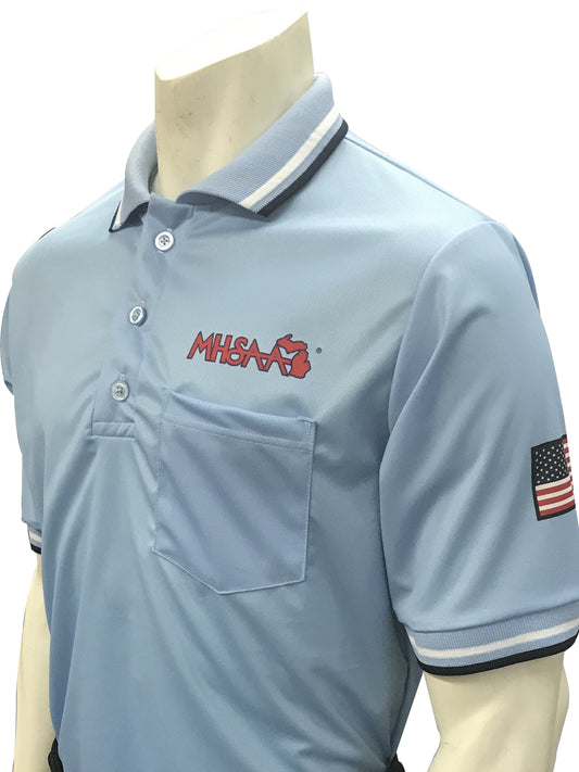 USA300MI PB-Smitty USA - Dye Sub Michigan Baseball Short Sleeve Powder Blue Shirt