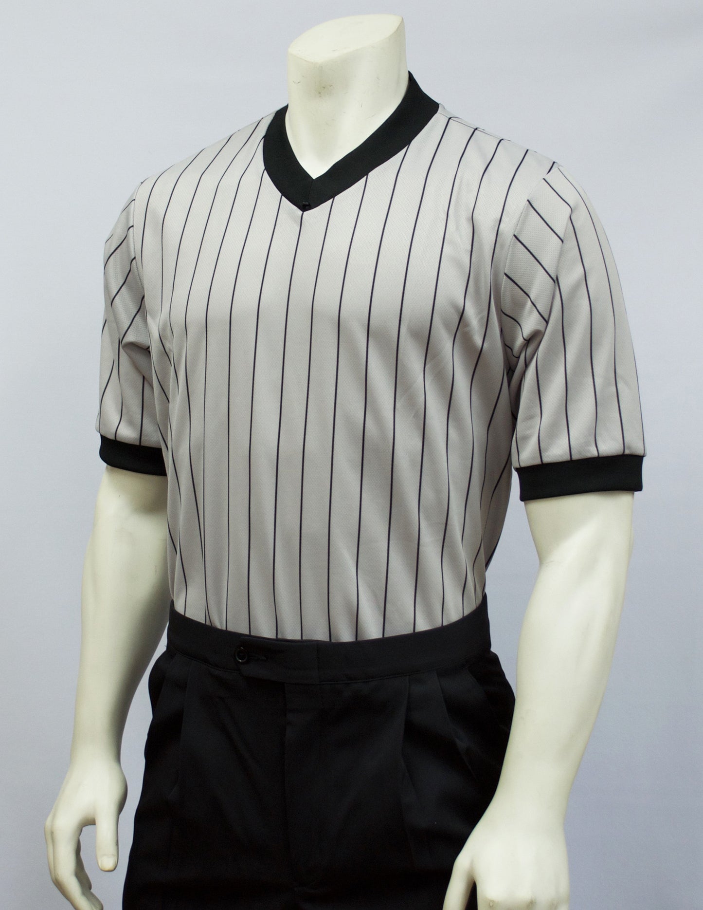 BKS204-Smitty Grey Elite Perfomance Interlock V-Neck Shirt w/ Black Pinstripes