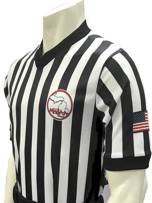 USA201MI-607  Smitty USA - Body Flex 4-Way Stretch / Dye Sub / Michigan Basketball V-Neck Shirt  W/ Side Panel