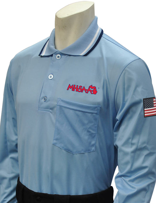 USA301MI PB- Smitty USA - Dye Sub Michigan Baseball Long Sleeve Powder Blue Shirt